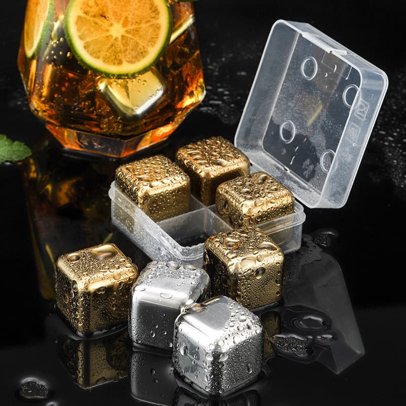 Golden 304 Stainless Steel Freeze Cubes for Drinks, Red Wine, Beer, Whiskey, Custom Bar Ice Pellets Gift