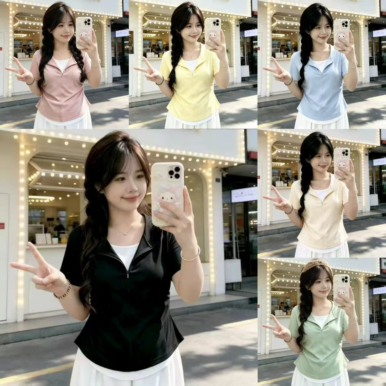 166 Straight Shoulder Stylish Fake Two-Piece Slimming Flattering Contrast Short Sleeve Black Top Green Top