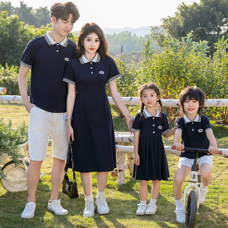 Family of Three Matching Summer Short Sleeve Polo Shirts, Fashionable Simple Mother-Child Dress, Class Activity Clothing