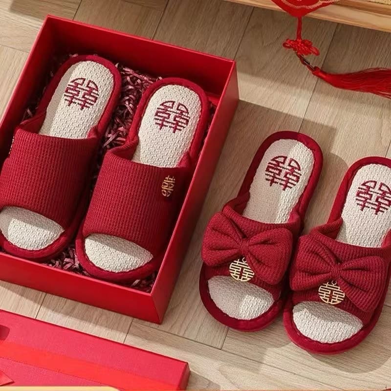 Wedding Slippers for Bridal Shower, Festive Red Pair for Bride and Groom, Winter Indoor Home Use, Newlywed Wedding Slippers