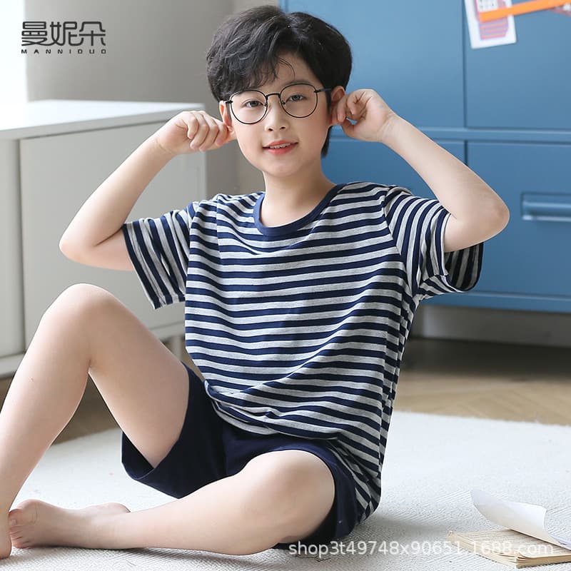 Children's Pajamas Boys Summer 2023 New Pure Cotton Thin Homewear Set for Older Boys Air Conditioning Suit