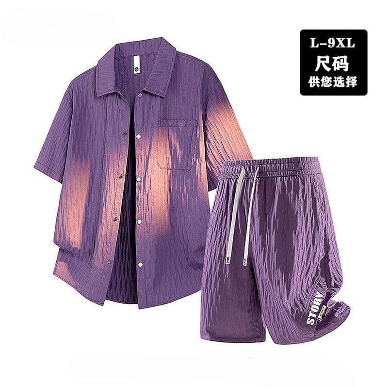 Men's Plus Size Summer Casual Shorts Set Big Size Ice Feel Loose New Casual Shirt Two-Piece Set