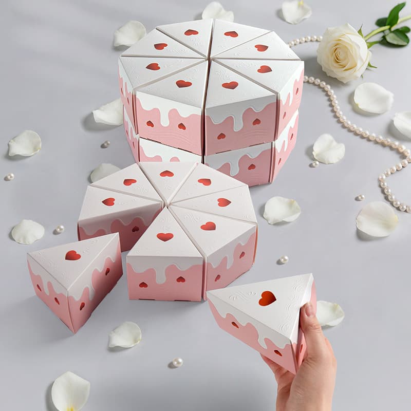 Triangular Cake Candy Box with Embossed Heart Design Gift Box for Weddings, Wedding Parties, and Party Favors, Paper Box, 8 per Pack