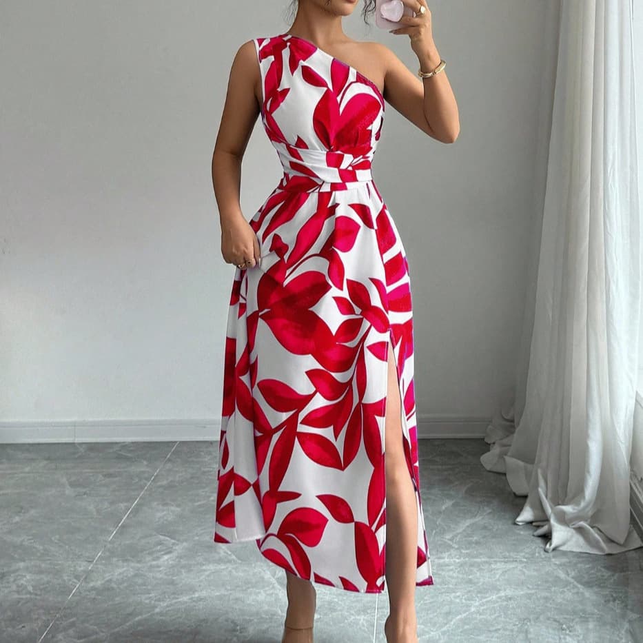 2026 Cross-border Women's Spring/Summer Hot Floral Print One-Shoulder Slit Dress Exotic Vacation Style Elegant Long Dress
