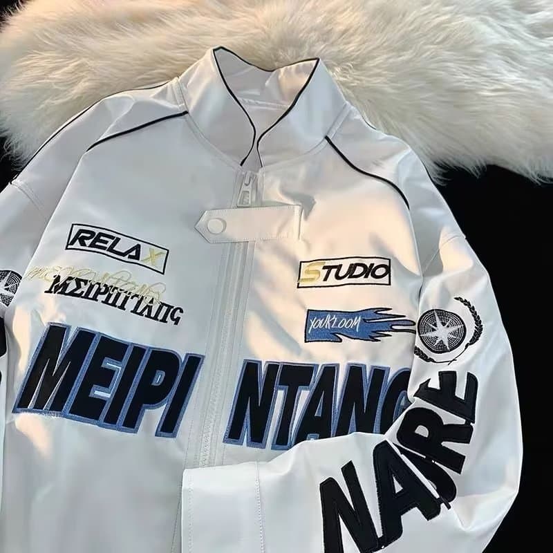 American High Street Style Motorcycle Jacket Printed Stand Collar Wear Resistant Polyester Fiber Spring Autumn Fashion Urban Youth