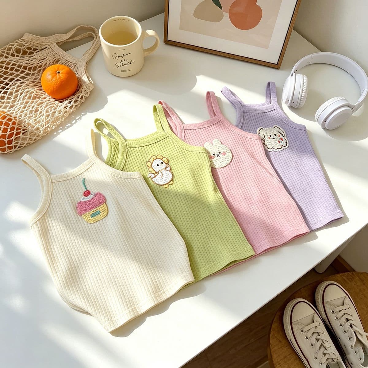 Korean Ins Style Children's Camisole Top for Girls, Cute Cartoon Ribbed Knit Baby Summer Base Layer
