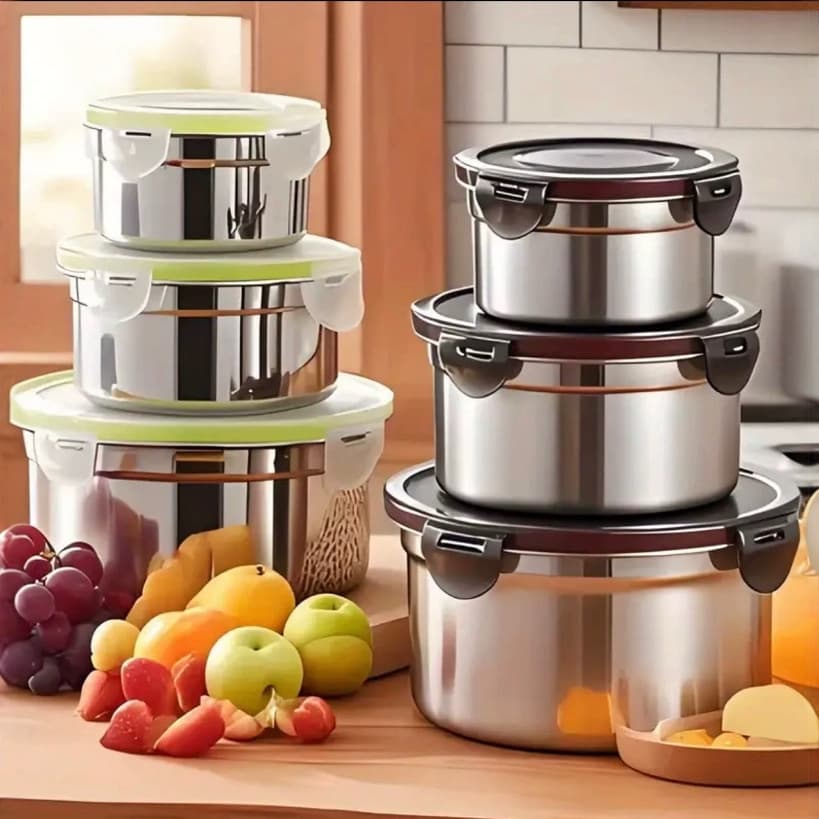 Cross-border Stainless Steel Food Storage Container Set, Airtight Refrigerator Box, Fruit Bento Lunch Box, Korean Style 3-Piece Set