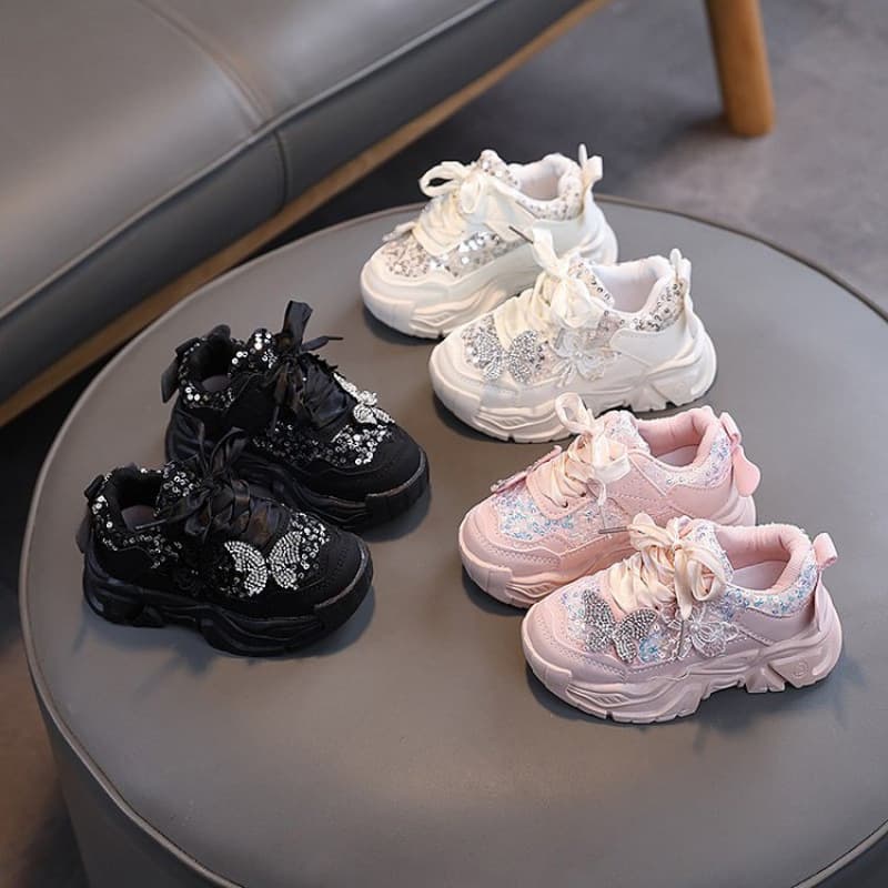 Girls' Sports Shoes Spring Autumn New Sparkly Sequins Rhinestone Butterfly Toddler Chunky Sneakers Sweet Versatile Dad Sneakers Trend