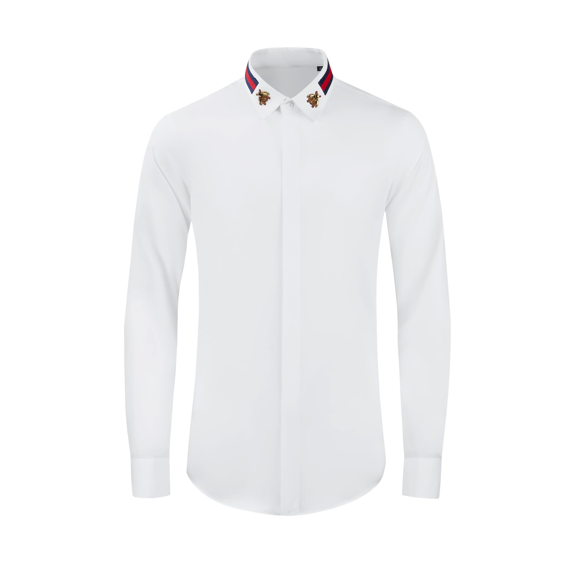 Men's Long-Sleeve Shirt with Turn-Down Collar, Gold Bee Embroidery, Woven Tape Trim, Slim Fit, Non-Iron Long-Staple Cotton, Fashionable Menswear