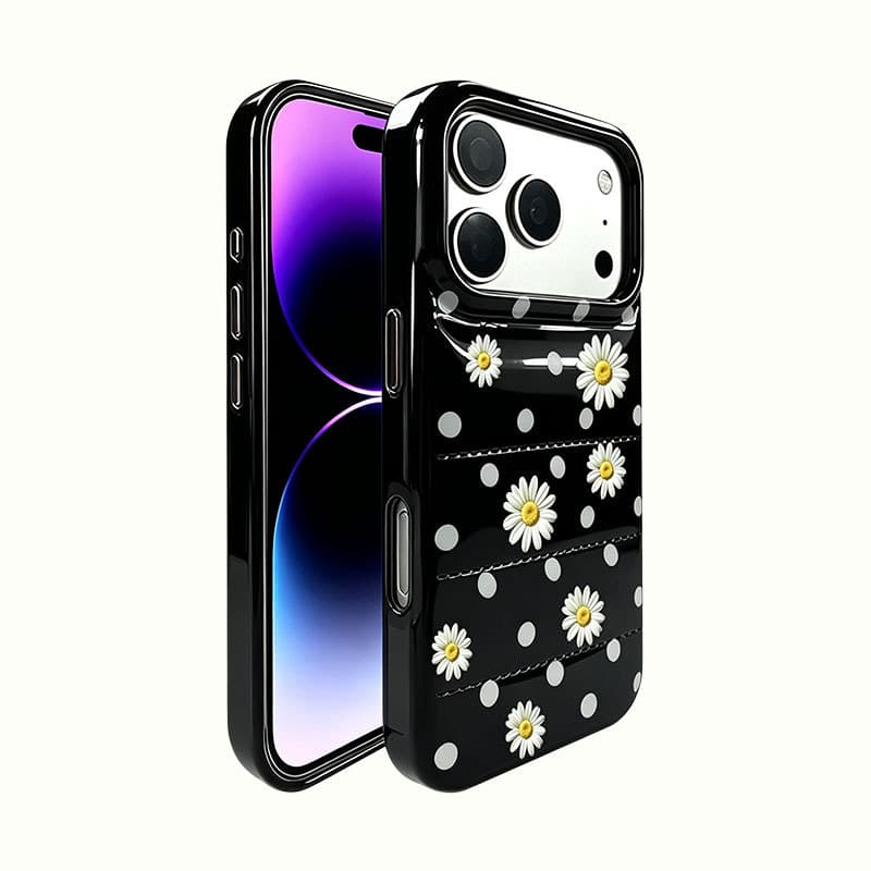 Light Green Polka Dot Daisy Down Jacket Phone Case, Raised Lens Full Coverage Drop Protection, Compatible with iPhone 15-17