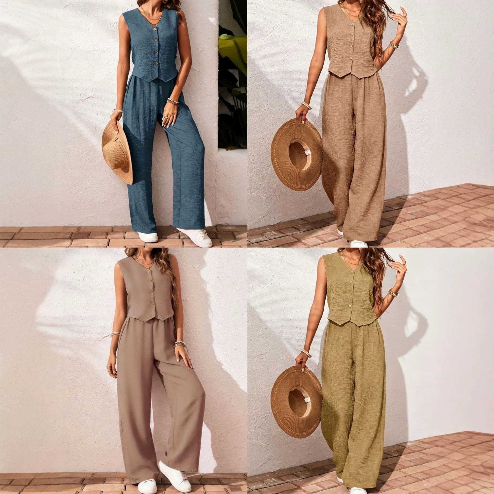 In-Stock 2026 Amazon Cross-Border European and American Style Linen Summer Casual Commuting Front-Button Vest and Long Pants Set V-Neck