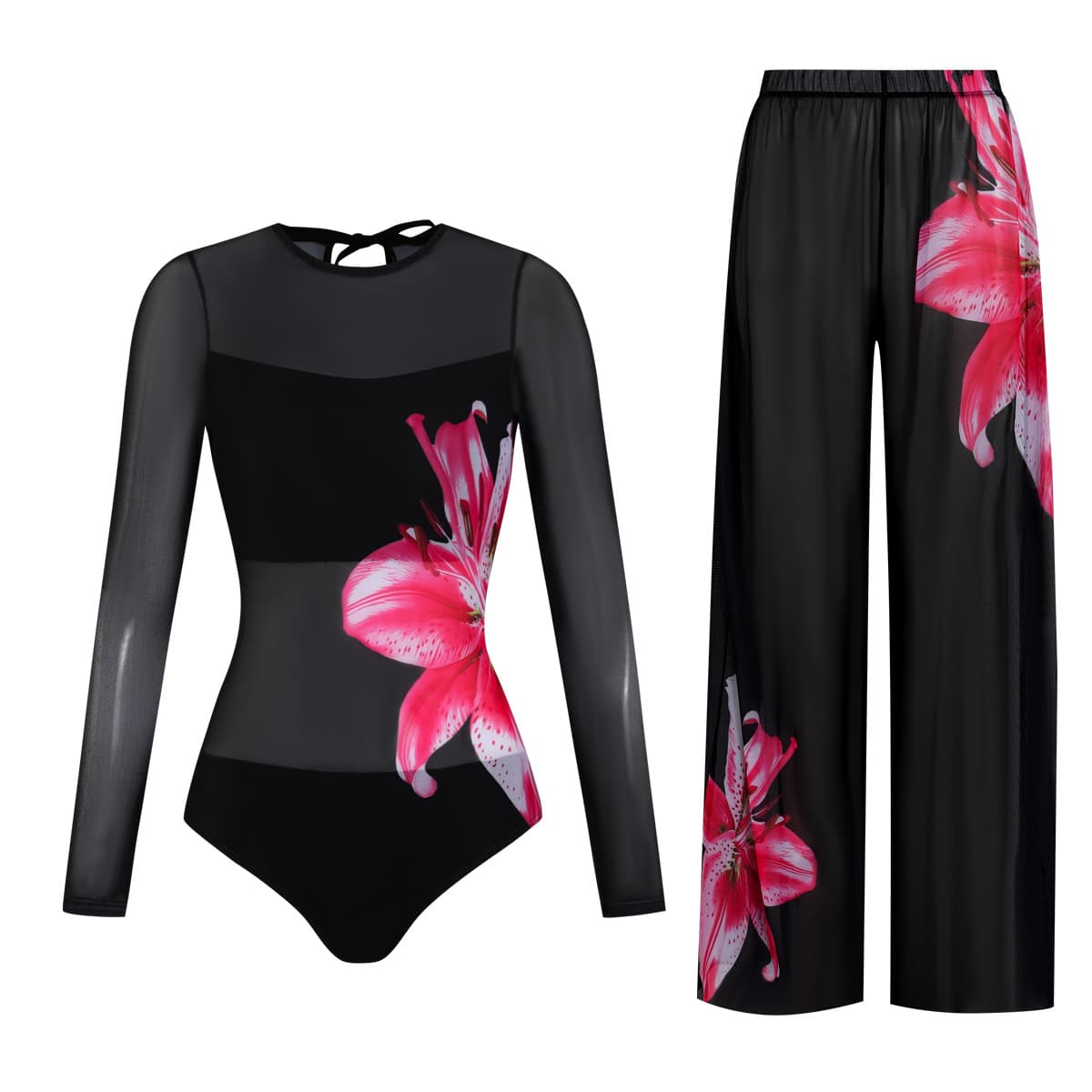 UPF35+ Long Sleeve Sun Protection Swimsuit for Women, High Elasticity Thick Mesh Loose Pants, Cross-border Swimwear Fitness One-piece
