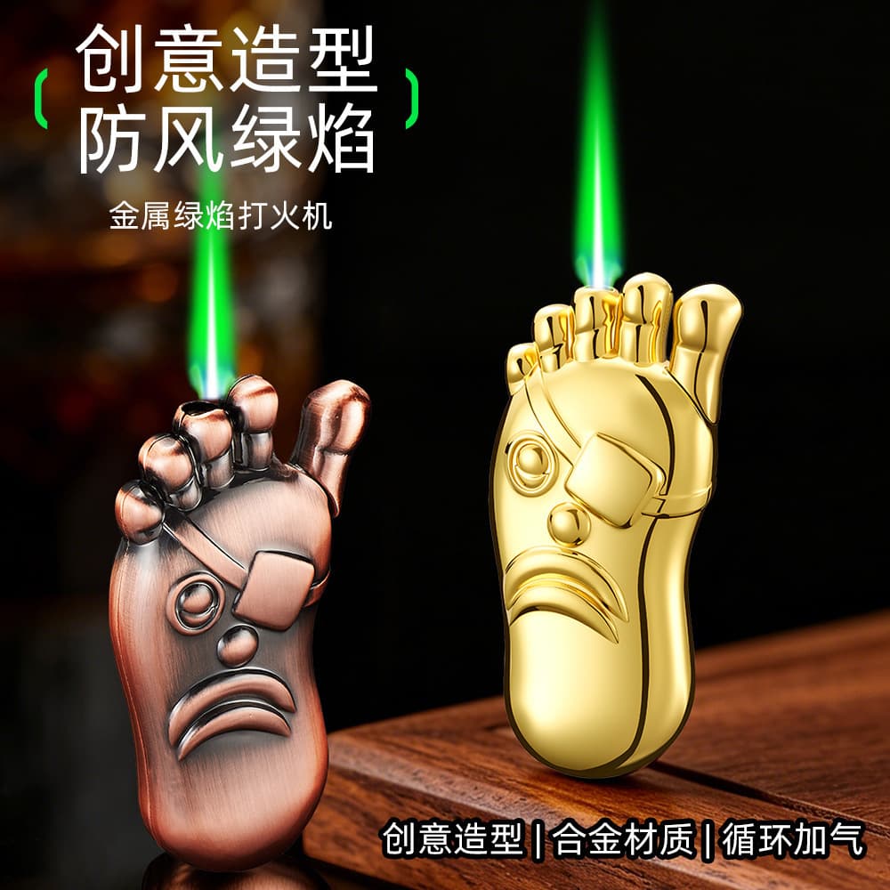 Creative Funny Novelty Foot Shape Windproof Refillable Lighter Stress Relief Green Flame Straight Jet Lighter Personality Wholesale