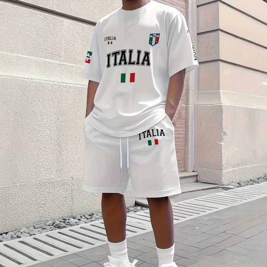 2026 Cross-Border Trade Italian Style 3D Digital Print Breathable Summer Men's Casual T-Shirt and Shorts Set