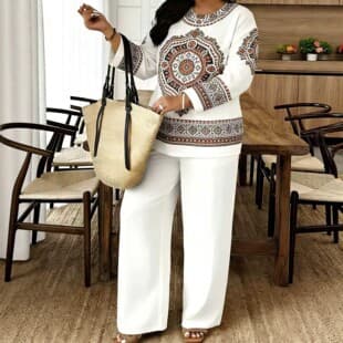 Plus Size Fashion Casual Set Women White Embroidered Top Wide Leg Pants Two-Piece Set Loose European American Style Summer New