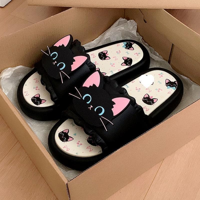 2026 New Cute Sweet Black Cat Slippers for Women, Soft Sole Indoor Anti-Slip Sandals for Outdoor Wear, Walking