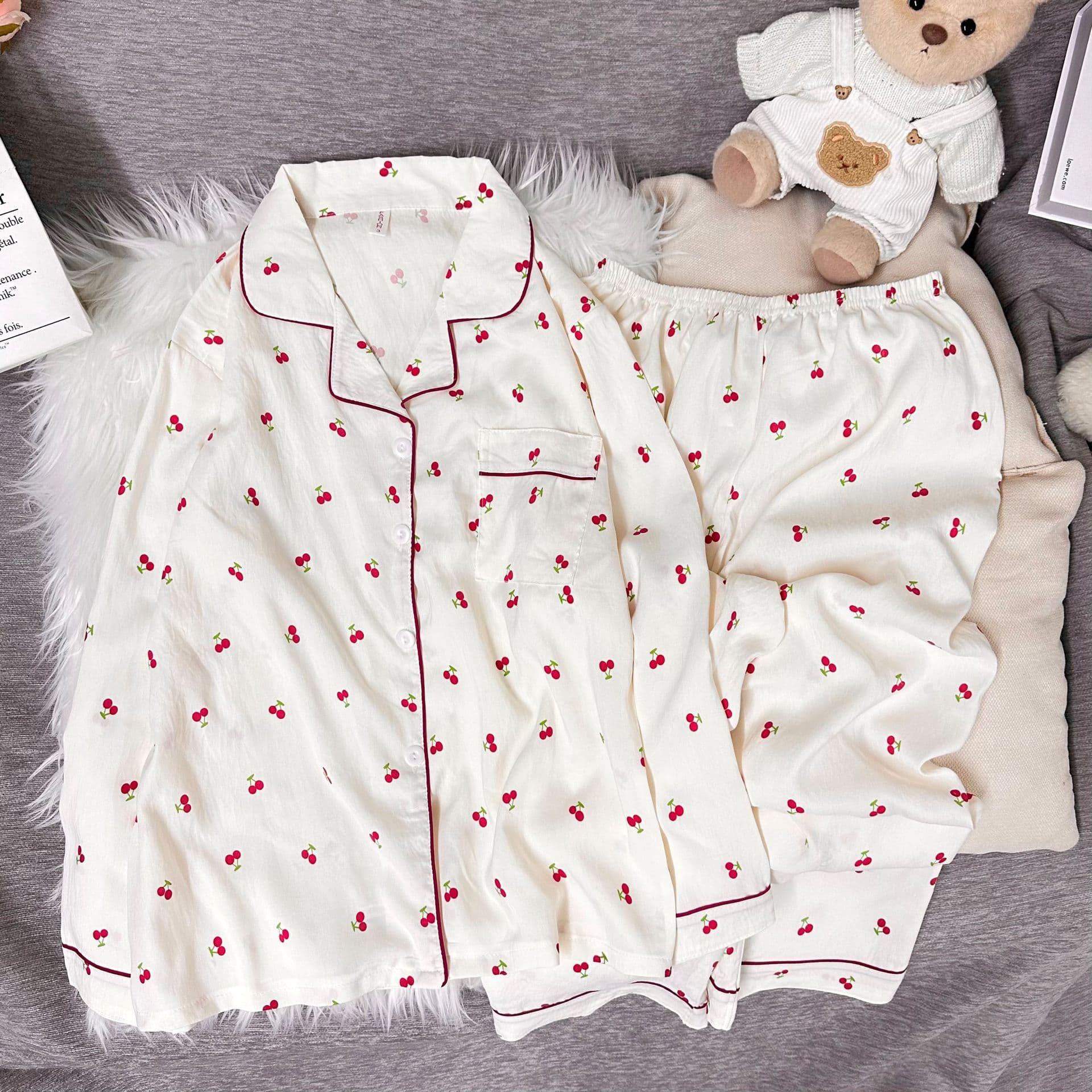 2025 New Women's Pajamas Long Sleeve Long Pants Cardigan Simple Cherry Print Cartoon Lapel Homewear Wholesale
