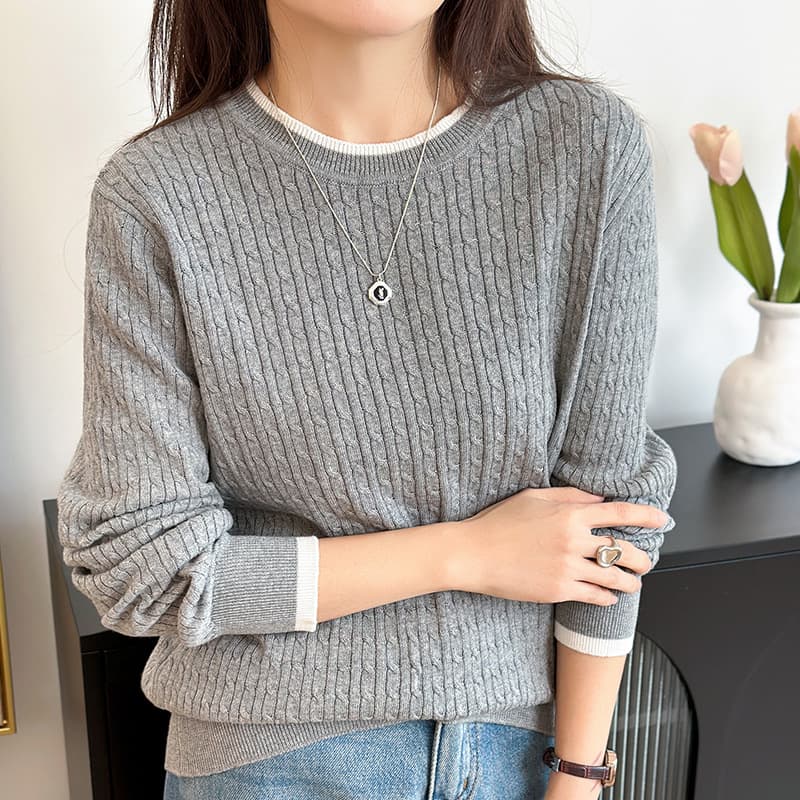 Cotton Crew Neck Cable Knit Sweater for Women 2026 Spring Autumn New Long Sleeve Loose Slim Fit Pullover Top
