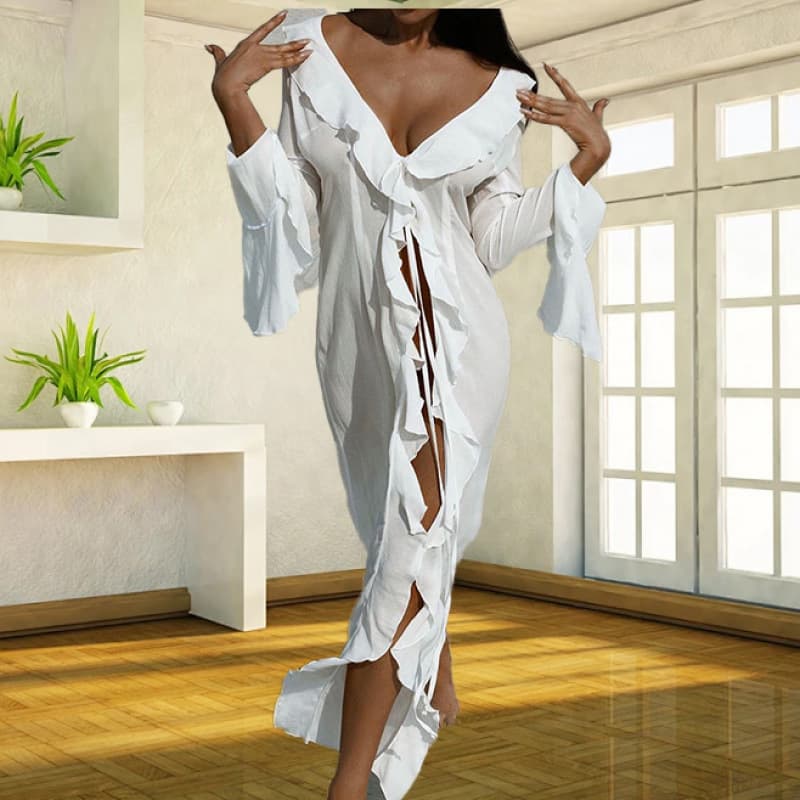 Amazon 2025 European and American autumn new long-sleeved lace cardigan dress beach bikini cover-up dress wholesale