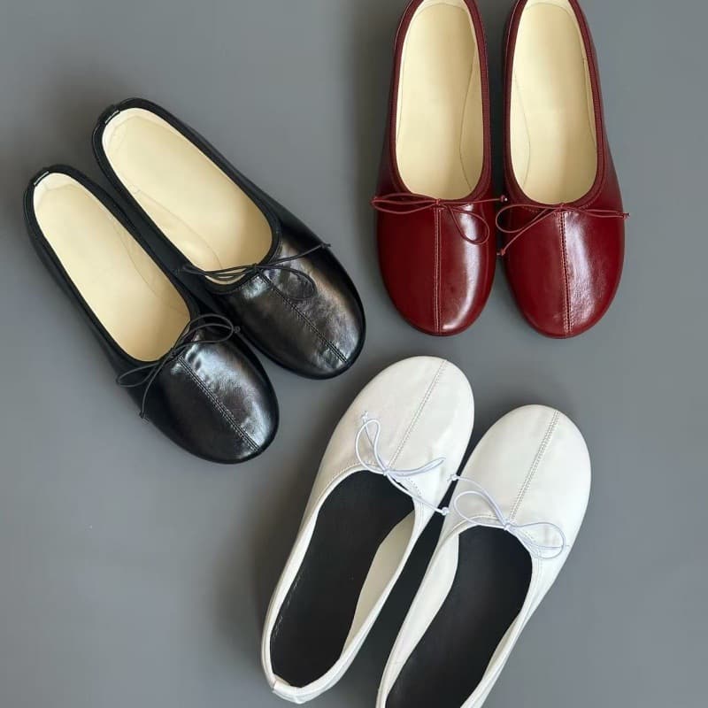 Non-Chafing Waxed Leather Genuine Leather Solid Round Toe Bow Flat Ballet Shoes Ballet Hole Shoes Ballet Shoes