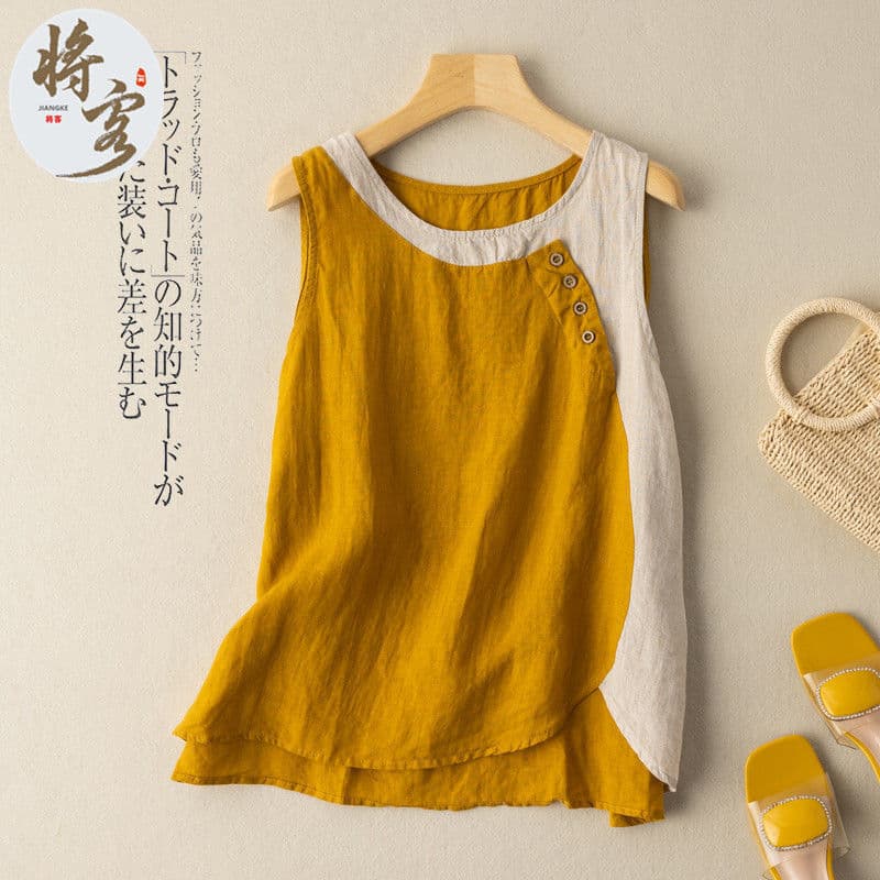 Hemp color matching vest button decoration contrasting color hemp literary retro 2021 new style breathable retro style casual and versatile