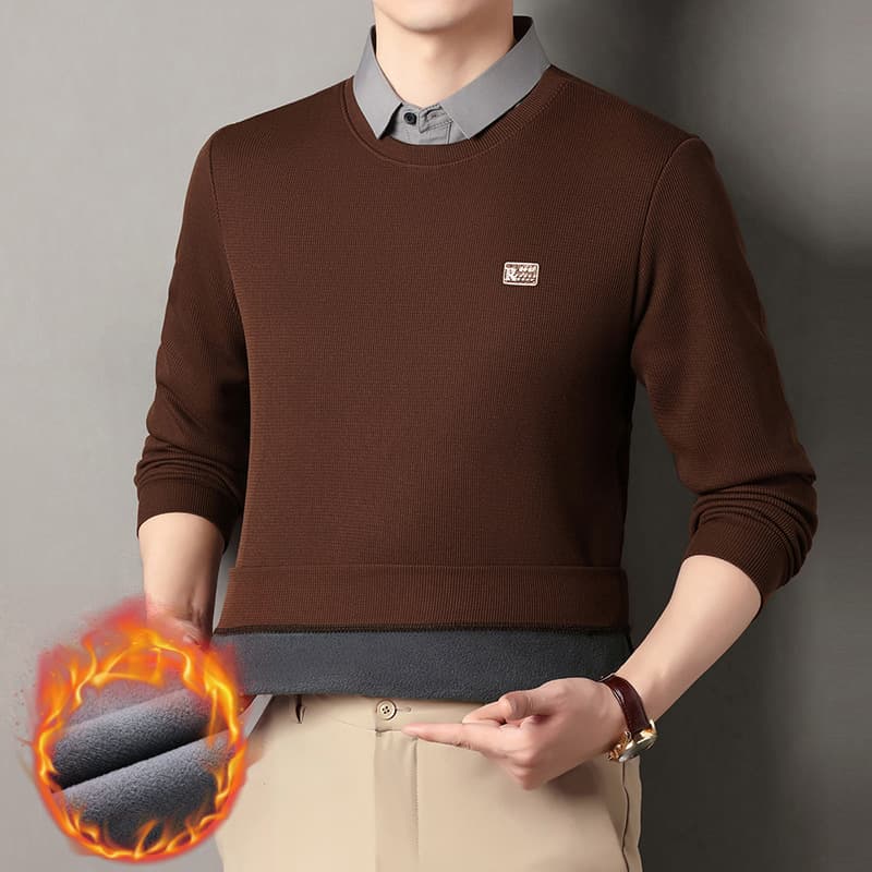 Men's Mid-Age Fleece-Lined Thickened Two-Piece Winter New Style Shirt Collar, Business Casual Inner Layer Warm Base Shirt