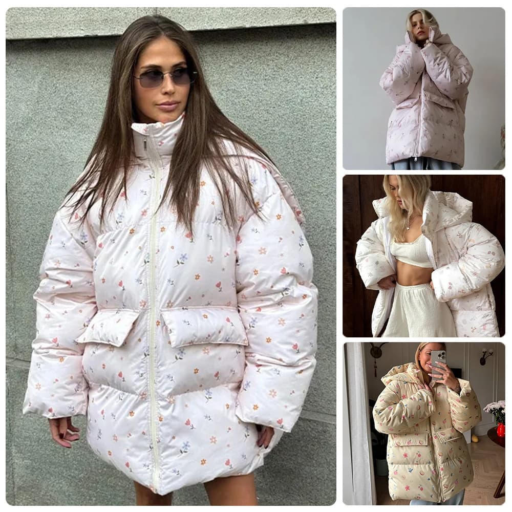 Floral short cotton coat for women, loose oversize bread coat, thickened warm hooded detachable large lapel cotton coat