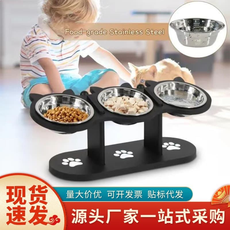 In Stock Cross-border Cat Bowl Solid Wood Stand Cat Food Bowl Anti-tip Slanted Design Protects Cervical Spine
