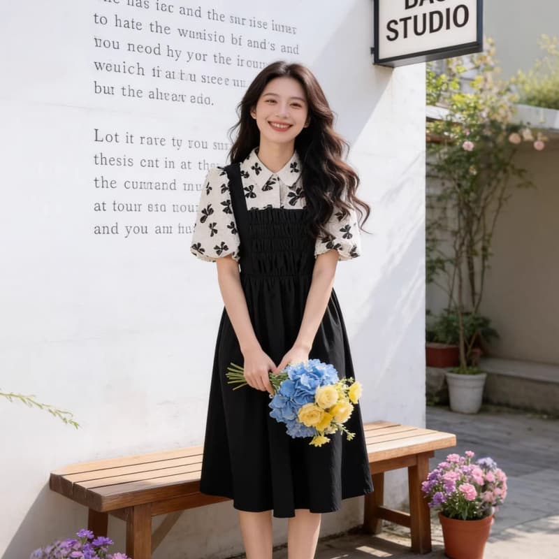 Large size fat French elastic waist splicing fake two-piece college style dress summer slimming and age-reducing design skirt