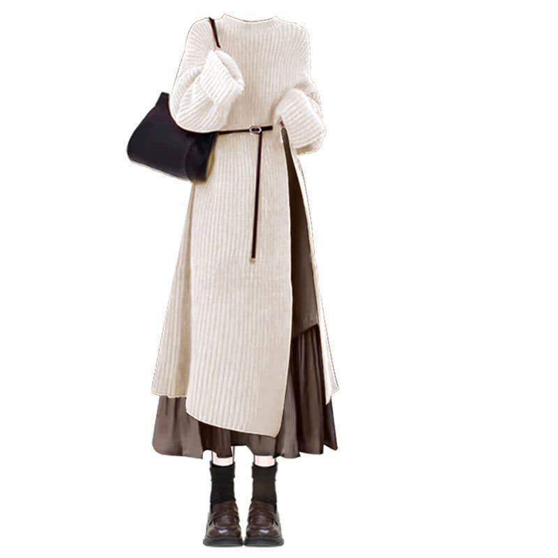 2025 Autumn Women's Long Knit Dress Set with Skirt, Youthful Two-Piece Stylish Outfit, Elegant