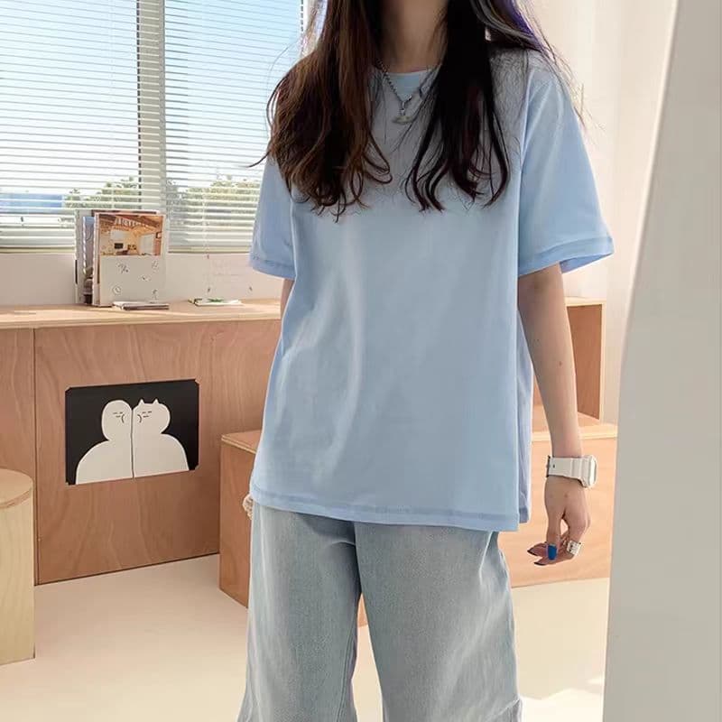400g Custom Baby Blue T-Shirt Short Sleeve Women Round Neck Japanese Soft Style Candy Color Cream Blue 2025 New Arrival