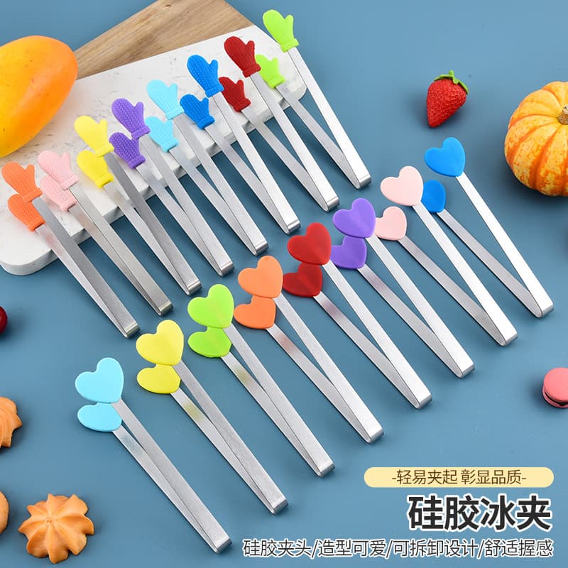 In stock creative small palm silicone tongs, anti-slip ice tongs, stainless steel mini food tongs, food tongs, silicone cube sugar
