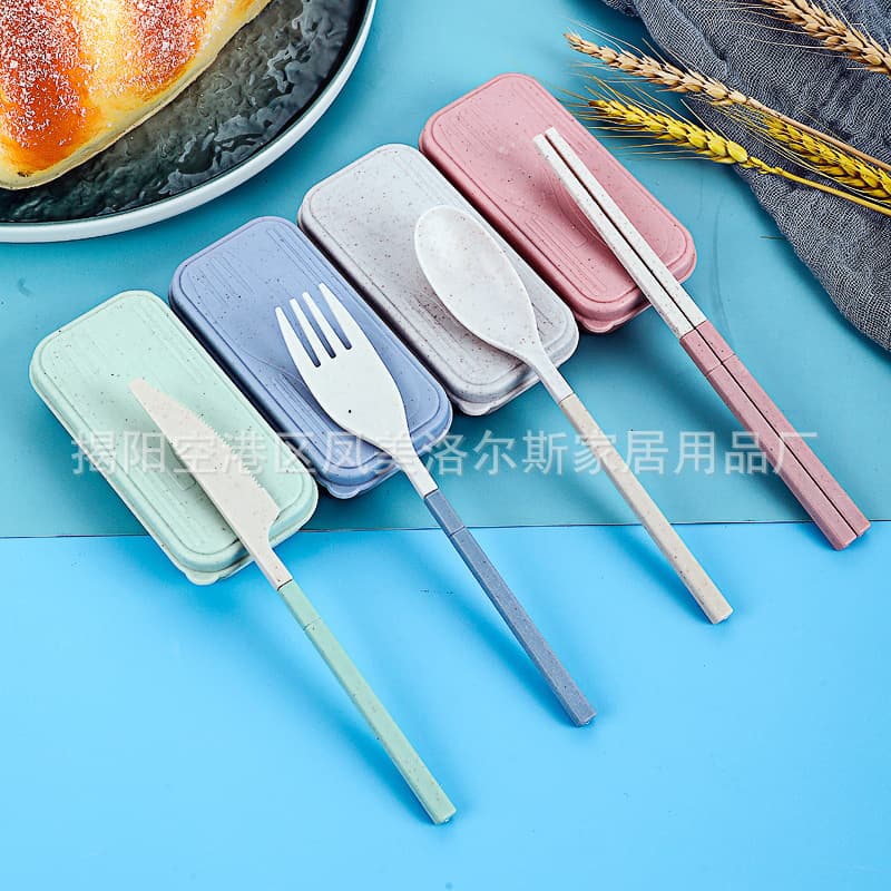 Customizable New Wheat Straw Portable Tableware Plastic Knife, Spoon, Fork and Chopsticks Four-Piece Student Travel Tableware Set