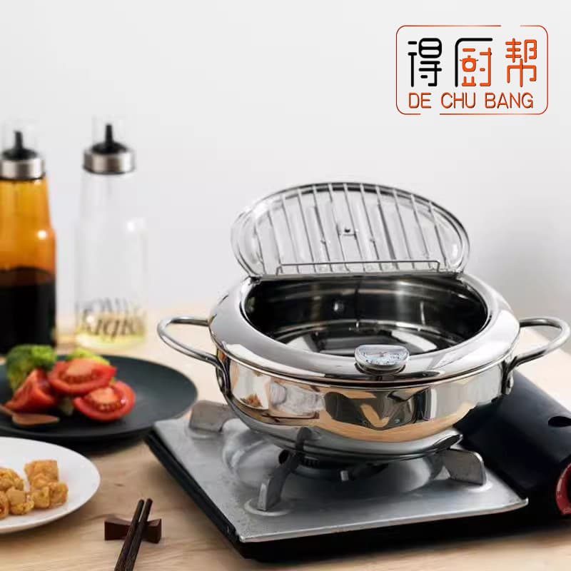 304 stainless steel frying pot for home use, oil-saving with oil filter, Japanese tempura frying pot with lid and temperature gauge for temperature control