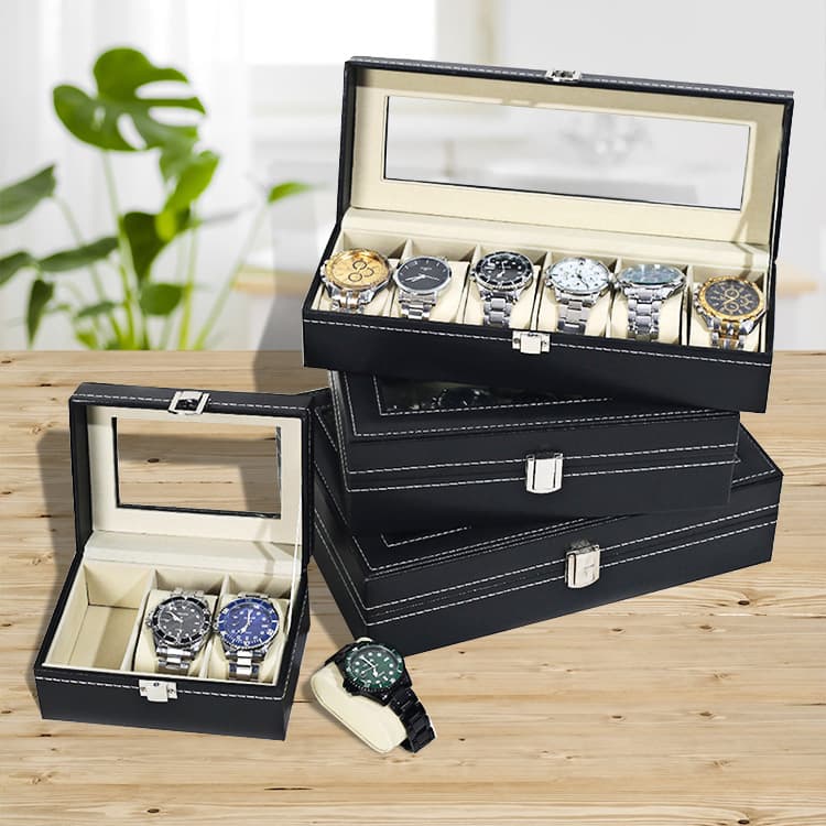In Stock Wholesale PU Leather Watch Box 3-Slot 6-Slot 10-Slot 12-Slot Flip-Top Window Watch Box Watch Band Storage Case