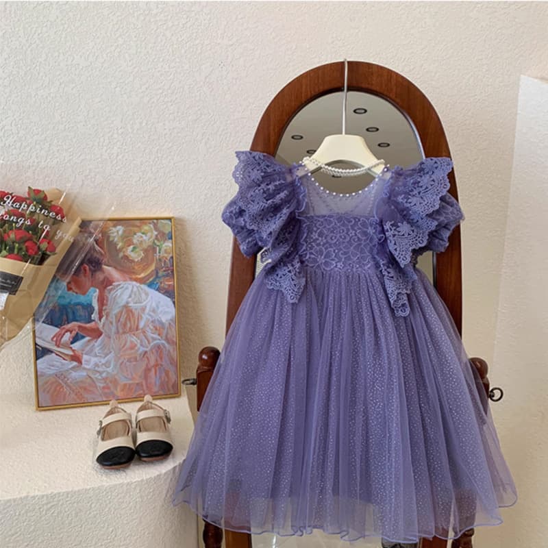 Korean Girl Dress Summer Little Girl Green Mesh Fairy Dress Baby Stylish Lace Puffy Princess Dress