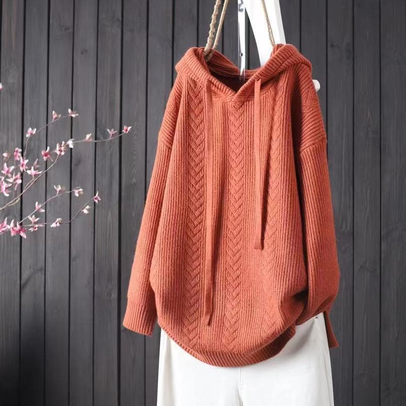 2025 autumn and winter solid color hooded lace-up mid-length soft and waxy slimming women's pullover sweater