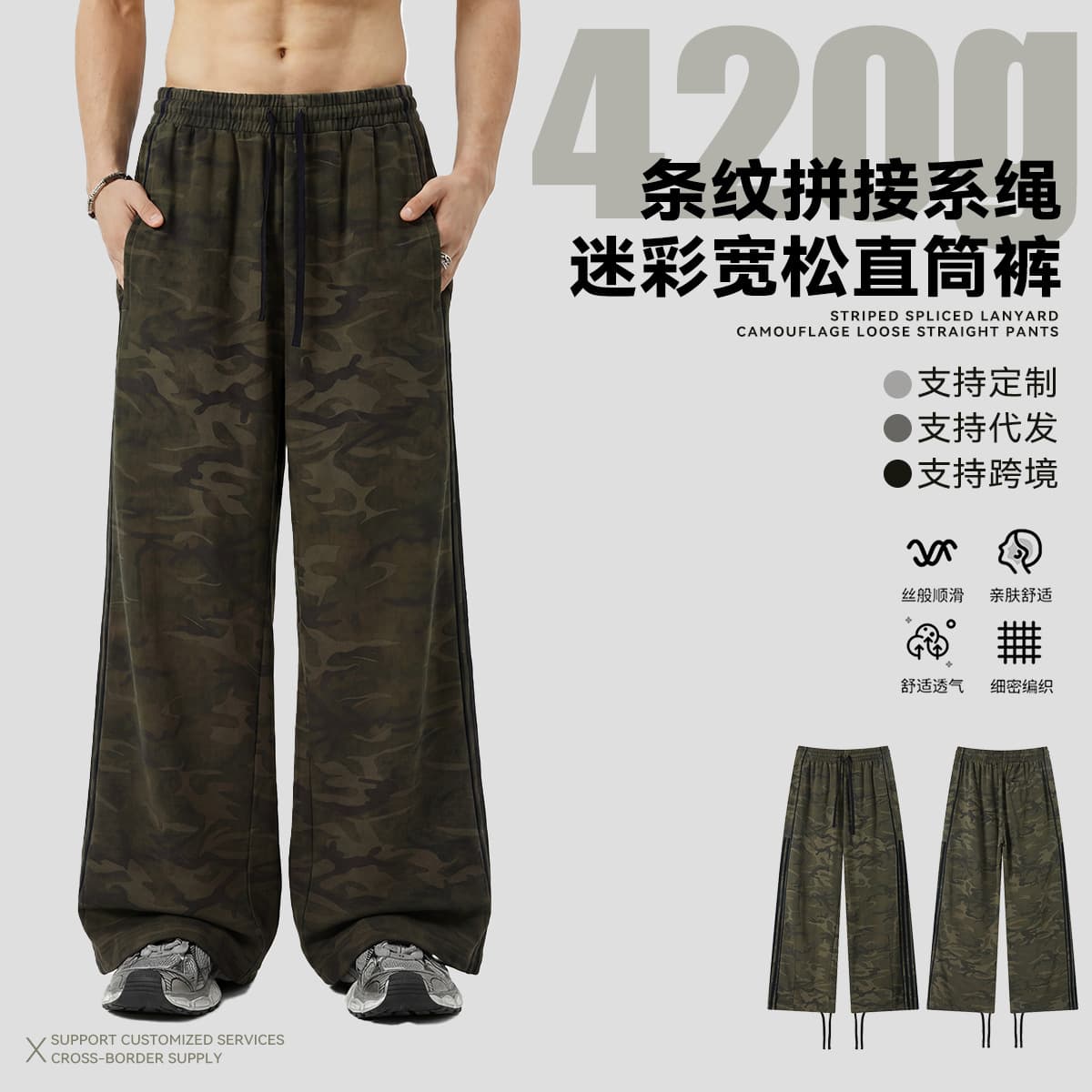 American Streetwear High Street Men's Pants Heavyweight 420G Terry Sweatpants Wide Leg Striped Spliced Drawstring Camo Pants