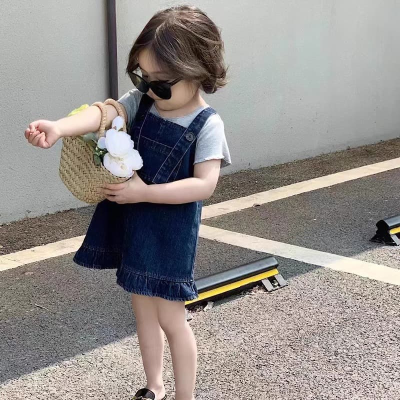Pingtouge 22 Girls Summer New Denim Suspender Skirt High Quality Ultra Soft Denim Skirt Solid Color Stylish Cute Skirt