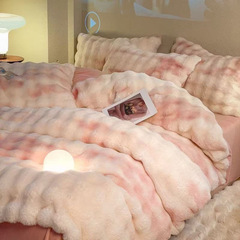 Thickened winter rabbit fur milk fleece four-piece set, double-sided warm coral fleece bed sheet and duvet cover, flannel warm bedding