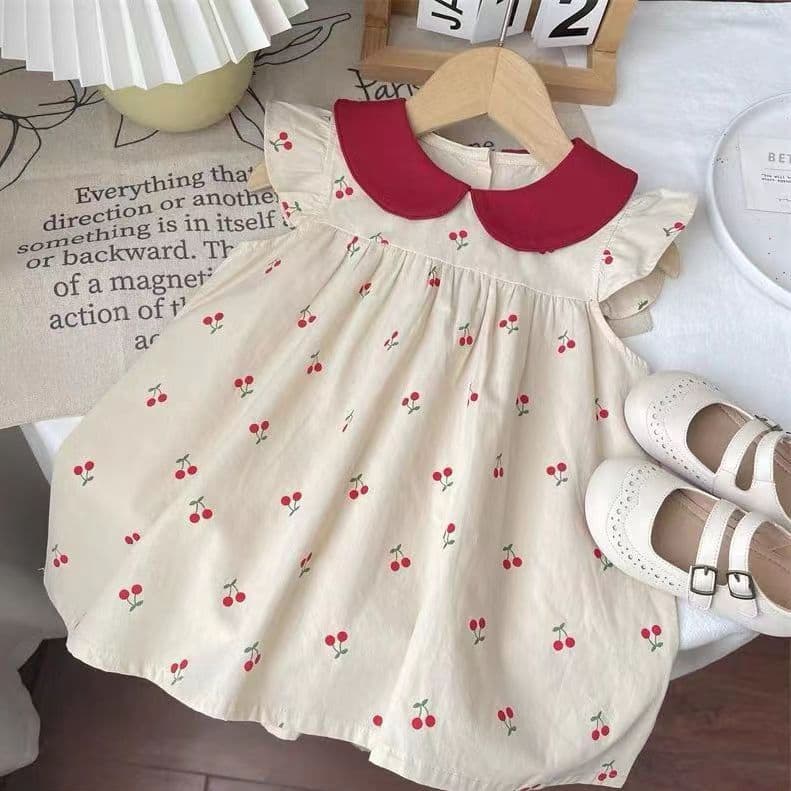Baby Girl Short Sleeve Summer Cherry Dress Thin Toddler Princess Doll Dress One Year Old Infant Dress Girls Summer