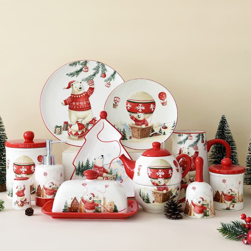 Polar Bear Christmas Snowman Bowl Plate Dinnerware Set Embossed Rice Salad Bowl Western Ceramic Flat Plate Cup