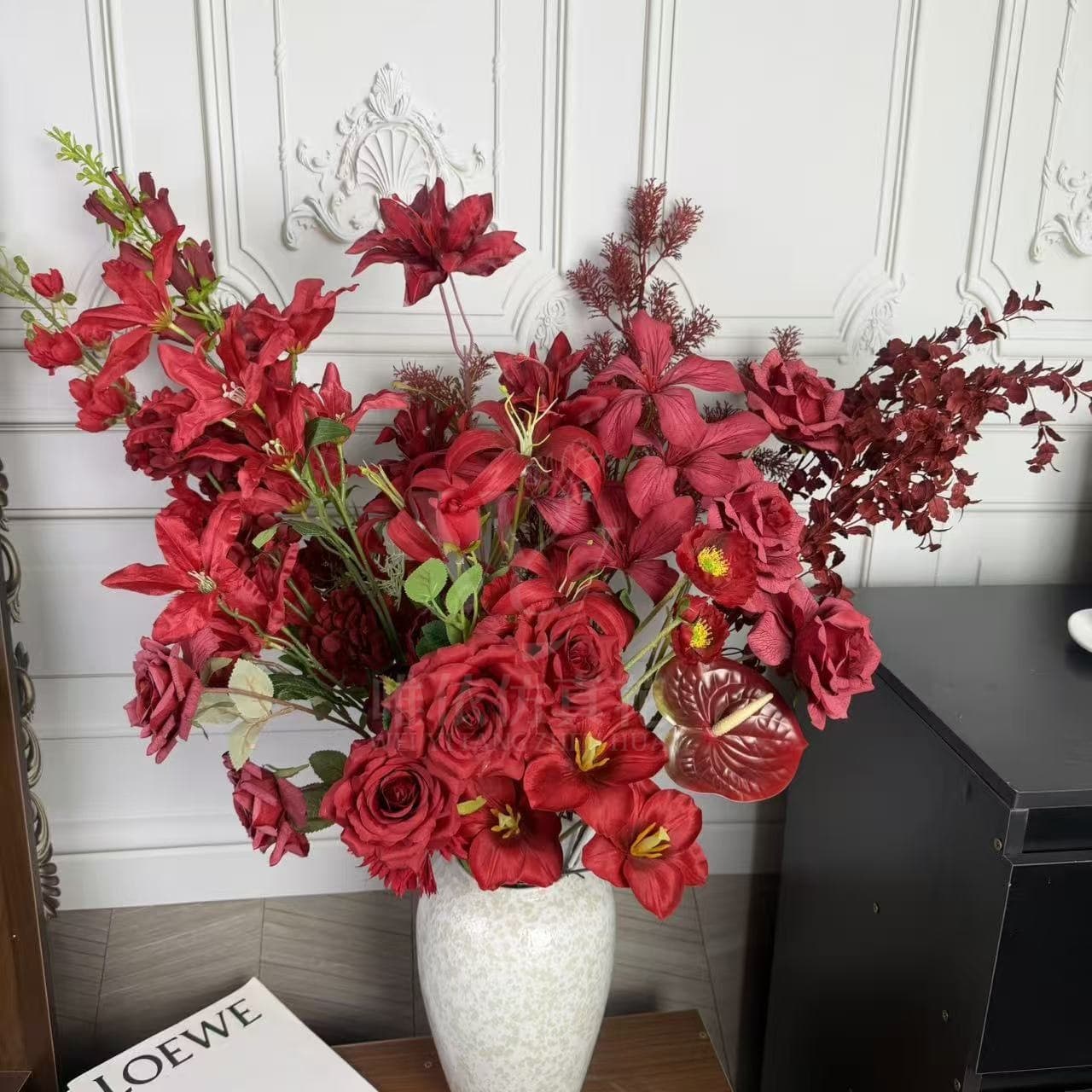 Red Artificial Flowers Cafe Decor French Outdoor Wedding Floral Window Display Fake Plants Greenery