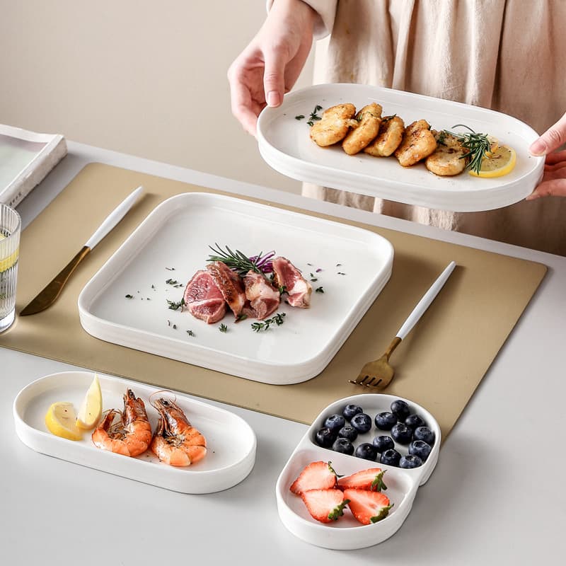 Creative Minimalist Pure White Ceramic Western Dinner Plate Breakfast Plate Steak Plate Home Use Divided Snack Plate Dessert Plate