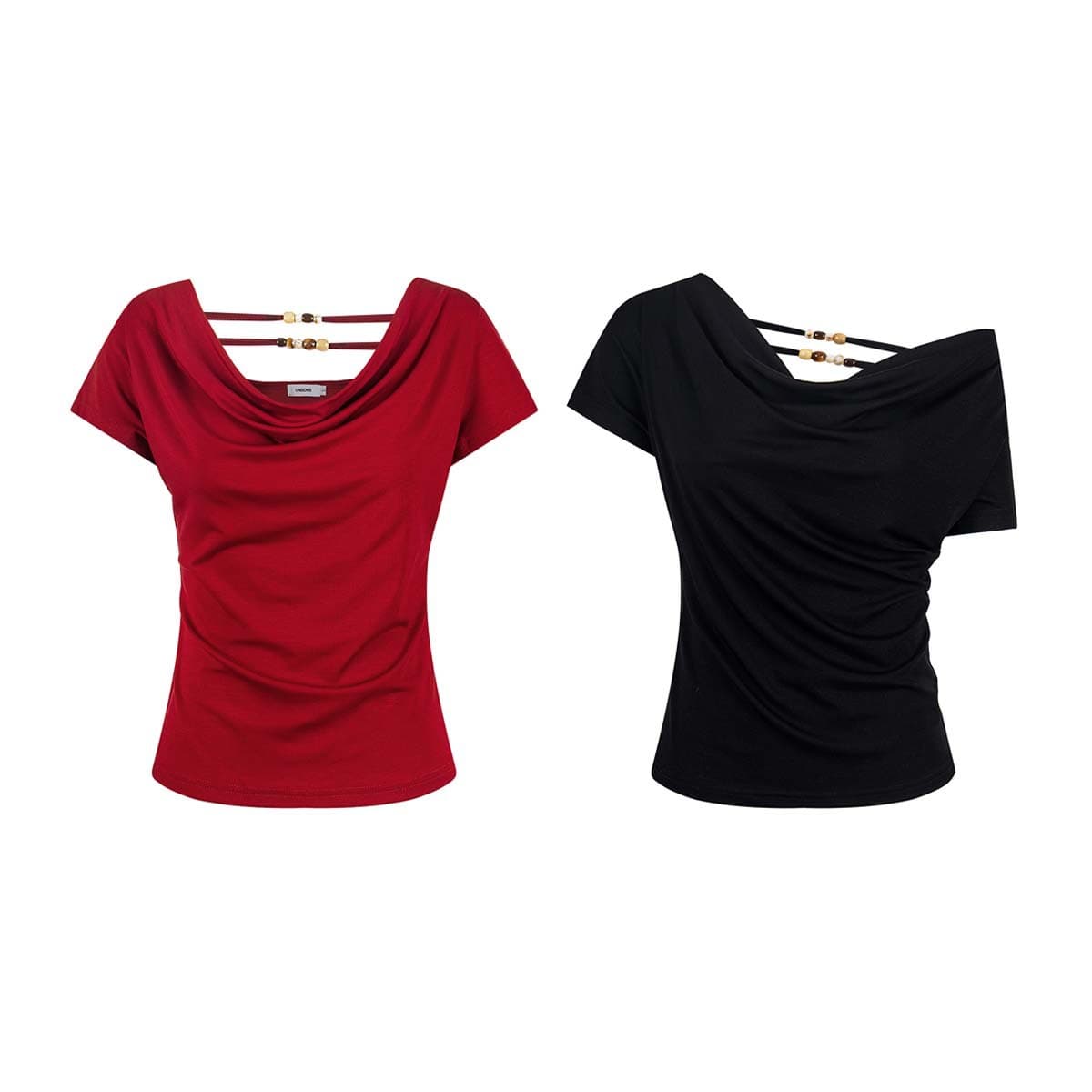 UNBDNS Vintage Red Draped Neck Slim Fit Women's Summer Short Sleeve T-Shirt with Waist Cinching and Asymmetric Neckline