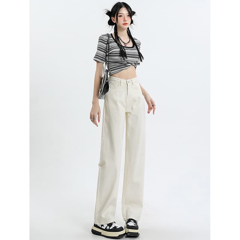 Off-White Slim Straight-Leg Jeans for Women, Spring High-Waisted Wide-Leg Pants, Loose Floor-Length Trousers for Elegant Commuting