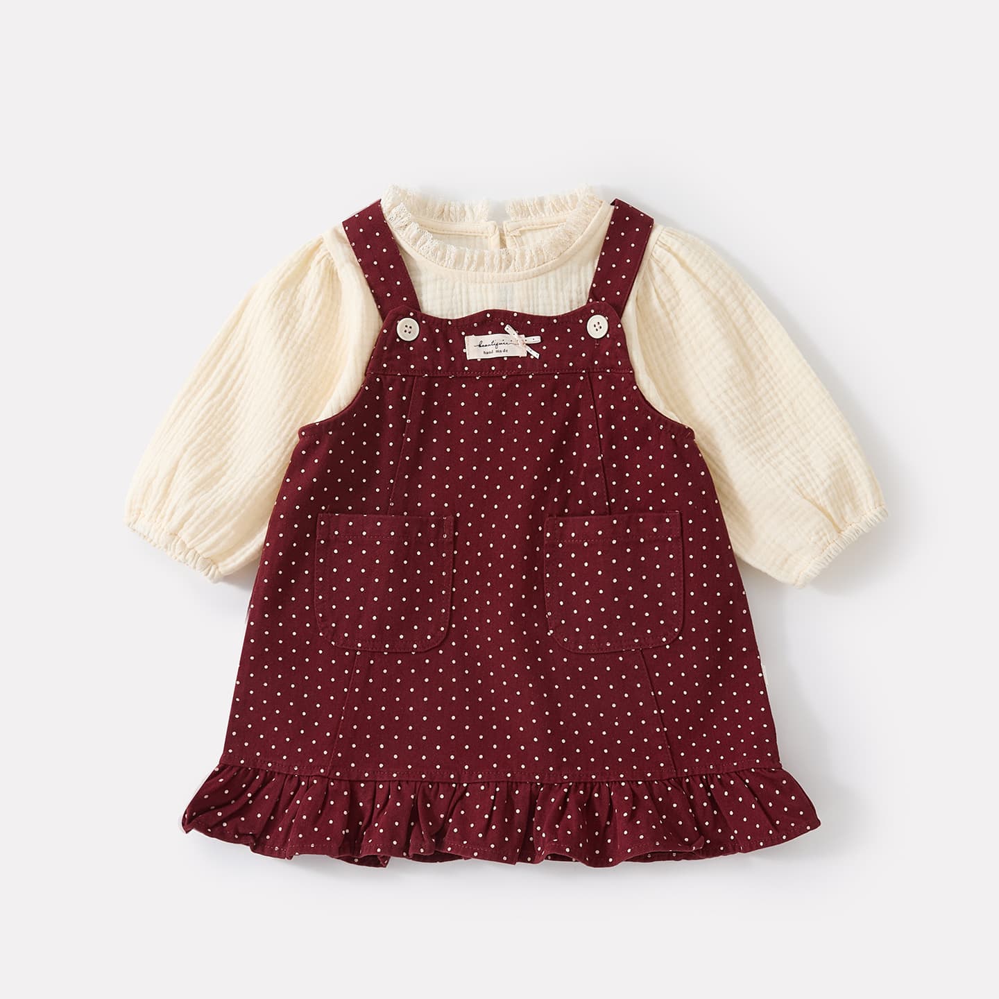 Korean style simple long-sleeved top for infants and young children, baby girl autumn new casual style polka dot suspender skirt two-piece set