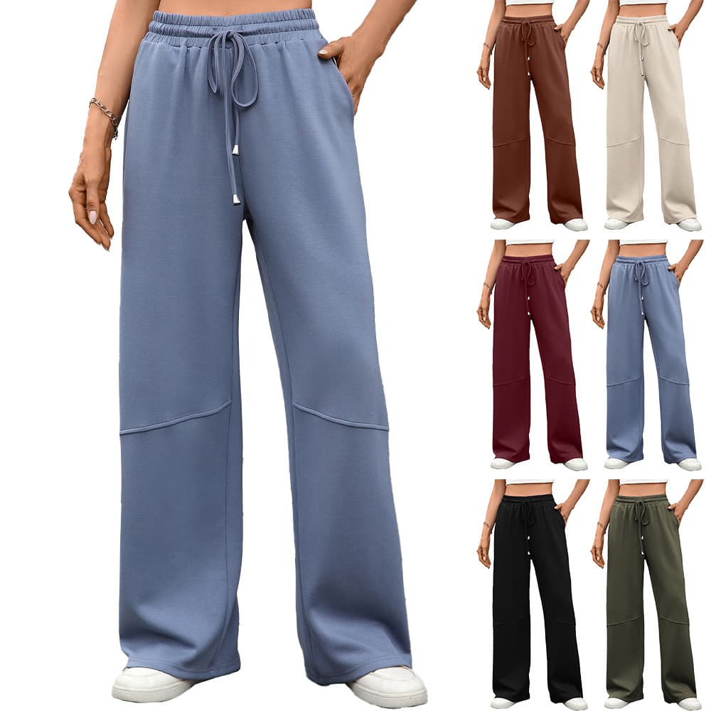 Amazon Europe America cross-border foreign trade 2025 autumn winter new style solid color elastic waist drawstring pocket wide leg pants long pants women