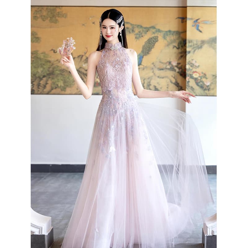 2025 New High-End Necklace Evening Gown with Heavy Craftsmanship for Bride Engagement Wedding Toast Dress Premium Banquet Hostess