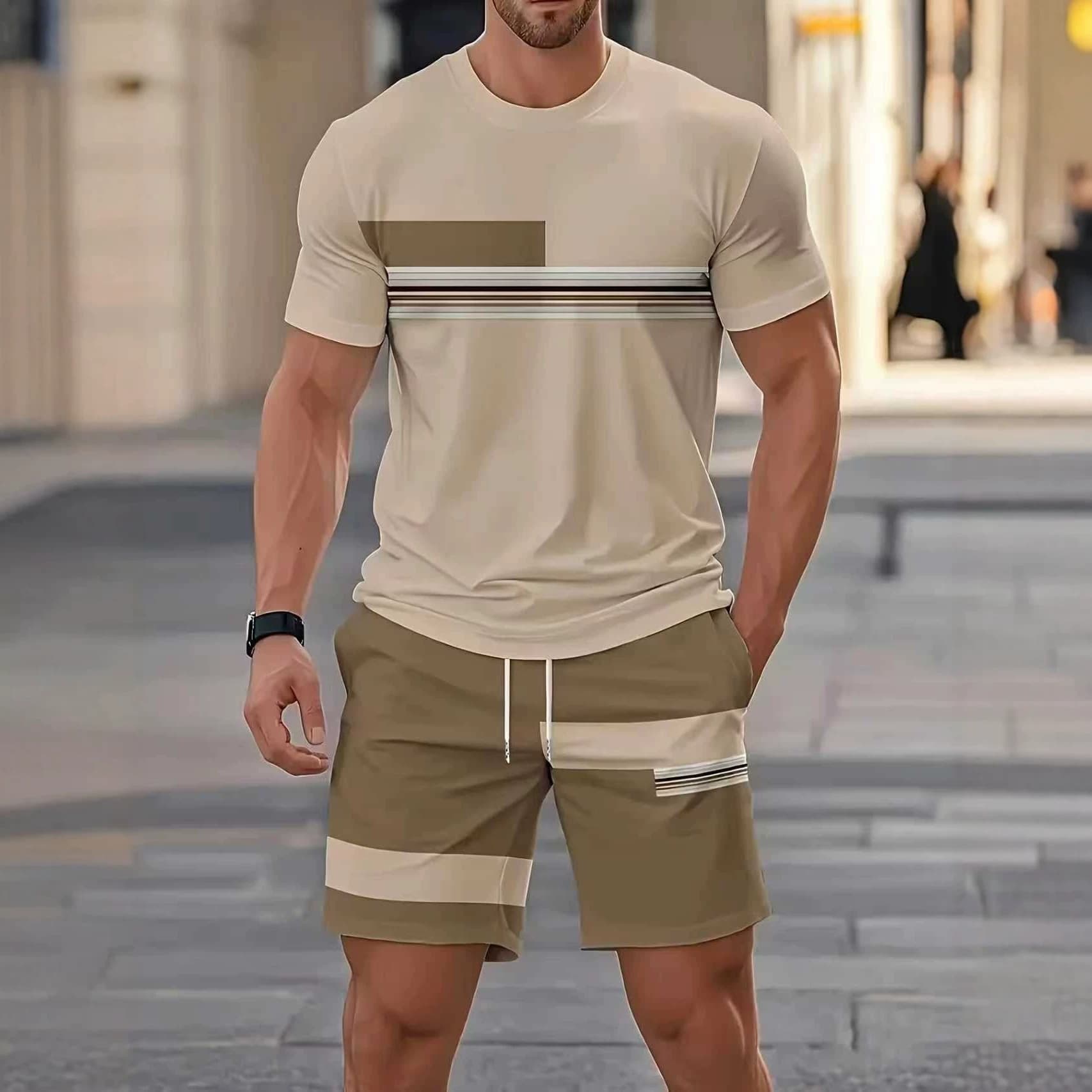 Cross-border European and American Fashion Summer T-shirt and Shorts Set with Color-Changing 3D Digital Print Casual Beach Shorts and Short Sleeve for Men